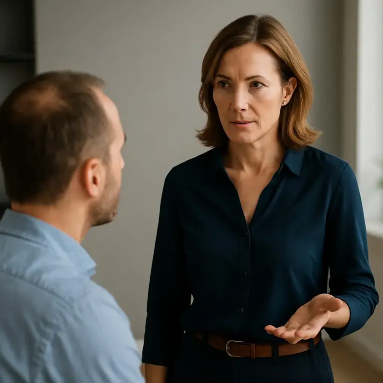 Woman calmly addressing a man during a tense conversation, using open hand gesture.