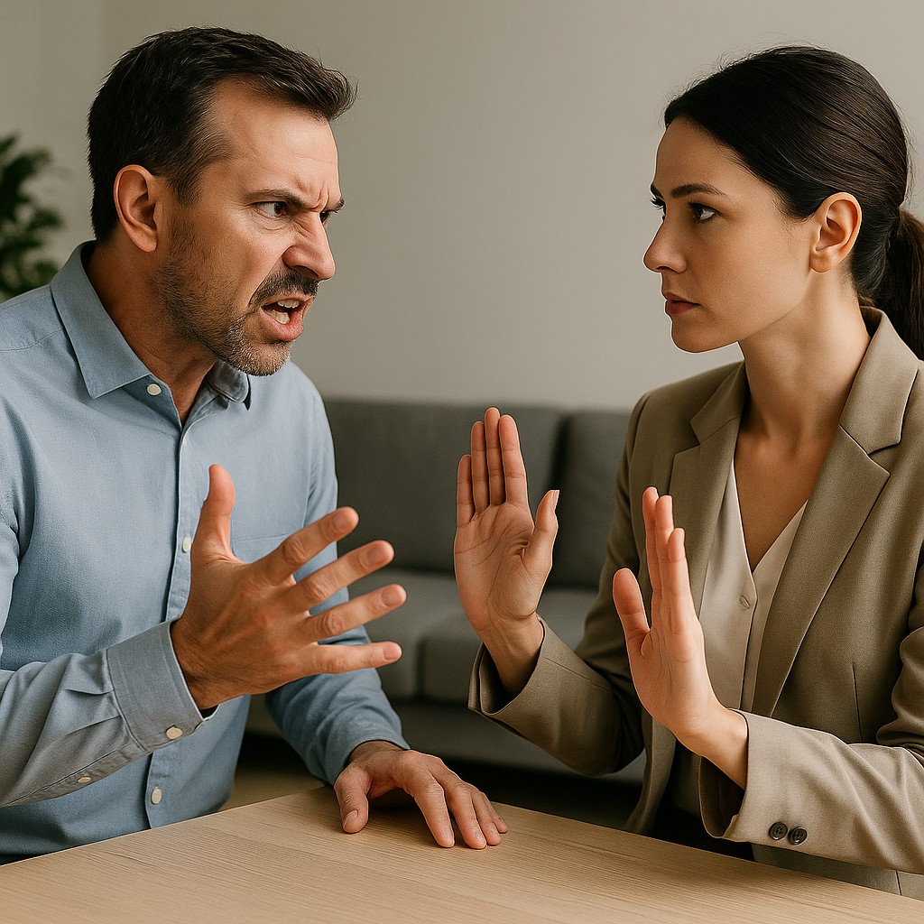 Een vrouw in een neutrale houding houdt haar handen kalm omhoog terwijl een boze man tegenover haar met verhoogde stem en expressieve handgebaren praat tijdens een gespannen gesprek.