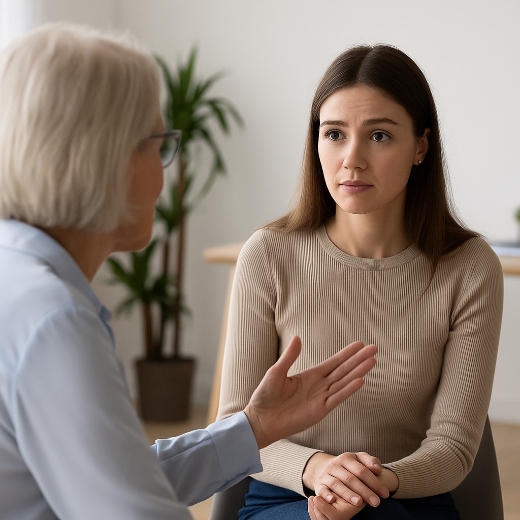 Jonge vrouw luistert aandachtig naar een oudere vrouw die iets uitlegt tijdens een persoonlijk gesprek.