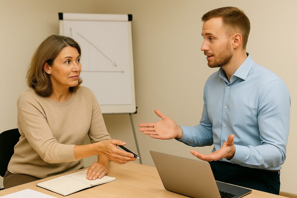 Een volwassen vrouw en man voeren een zakelijk gesprek aan een bureau met een laptop en notitieboek, terwijl ze elkaar aandachtig aankijken.