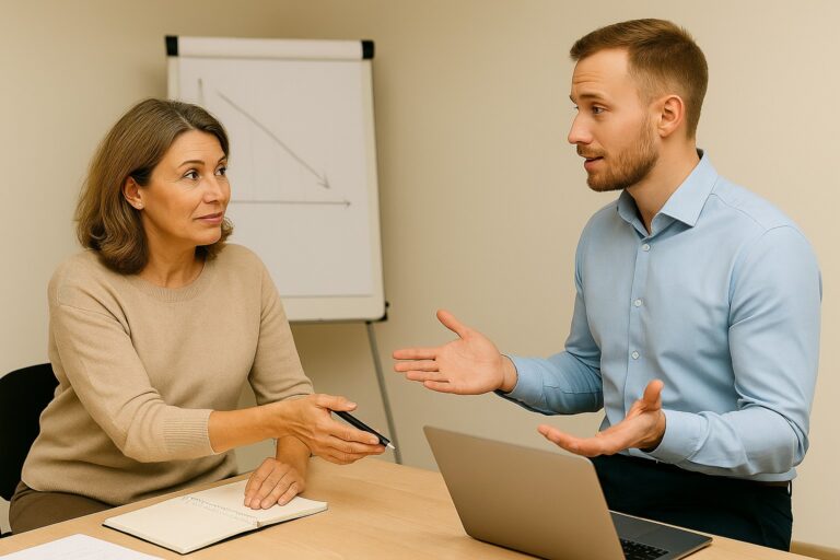 Een volwassen vrouw en man voeren een zakelijk gesprek aan een bureau met een laptop en notitieboek, terwijl ze elkaar aandachtig aankijken.