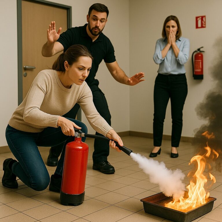 Vrouw gebruikt brandblusser tijdens veiligheidstraining terwijl instructeur en deelnemer toekijken