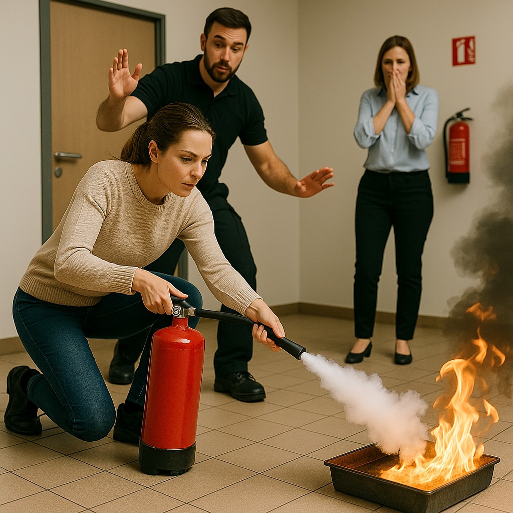 Vrouw gebruikt brandblusser tijdens veiligheidstraining terwijl instructeur en deelnemer toekijken