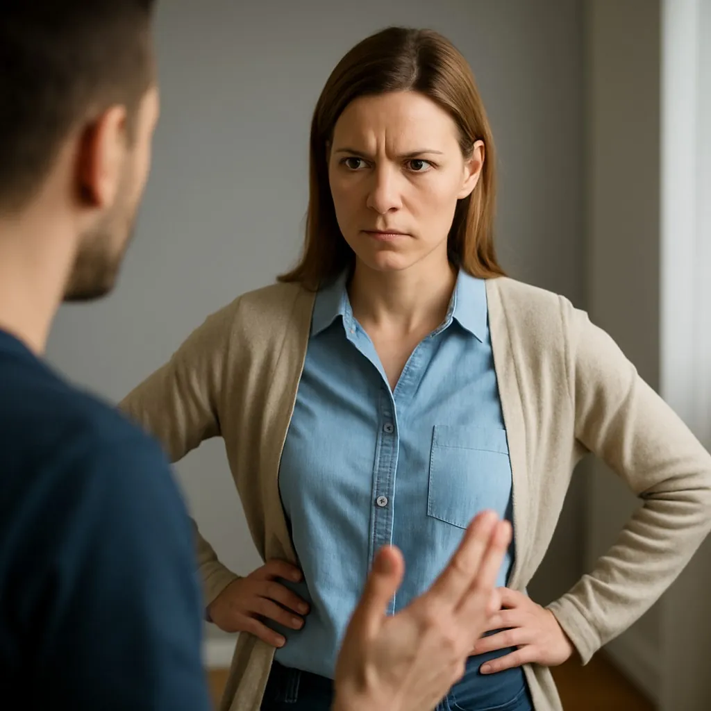 Woman responding firmly to a tense conversation with hands on hips during a conflict moment.