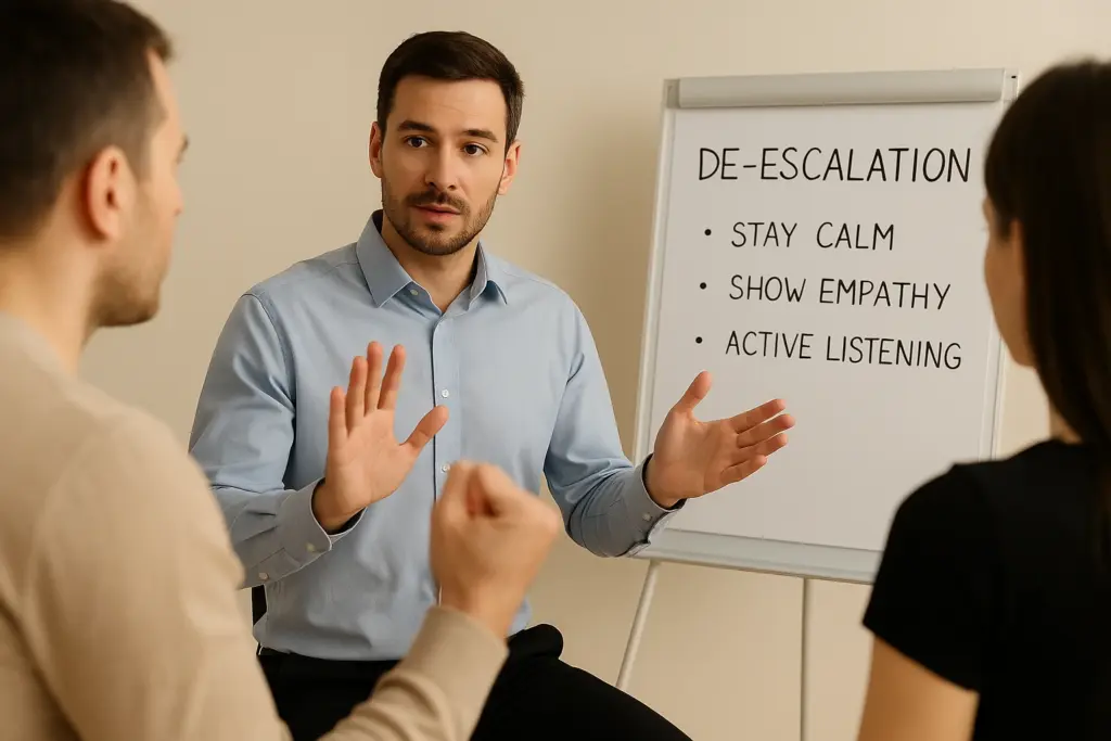 Trainer in lichtblauwe blouse geeft een de-escalatietraining aan twee deelnemers, met op de achtergrond een whiteboard met de woorden “De-escalation”, “Stay calm”, “Show empathy” en “Active listening”.