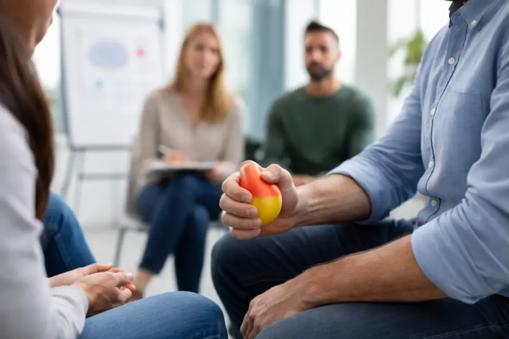 Man knijpt in een stressbal tijdens een trainingssessie, terwijl andere deelnemers en een trainer op de achtergrond meekijken.