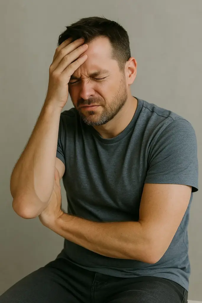 Man met gesloten ogen en hand op zijn voorhoofd die zichtbaar gespannen en overprikkeld is.