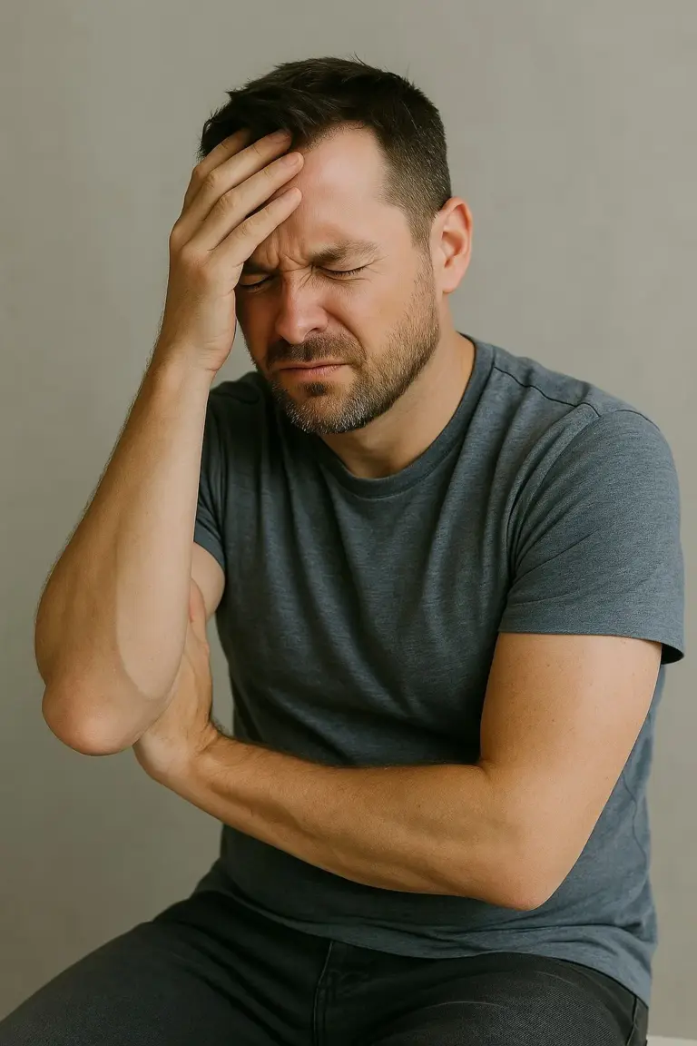 Man met gesloten ogen en hand op zijn voorhoofd die zichtbaar gespannen en overprikkeld is.
