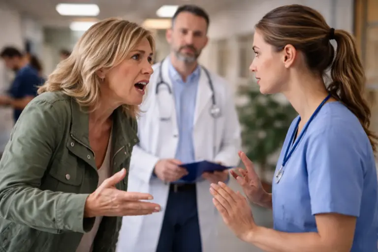 Boze familielid spreekt verpleegkundige aan in ziekenhuisgang terwijl arts op de achtergrond toekijkt.