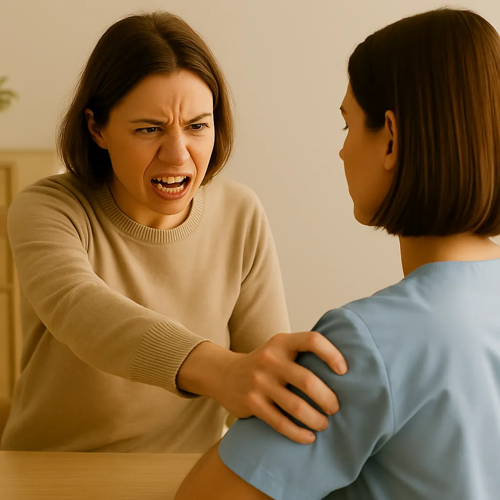 Cliënt vertoont agressief gedrag terwijl een zorgmedewerker rustig reageert tijdens een spanningsmoment.