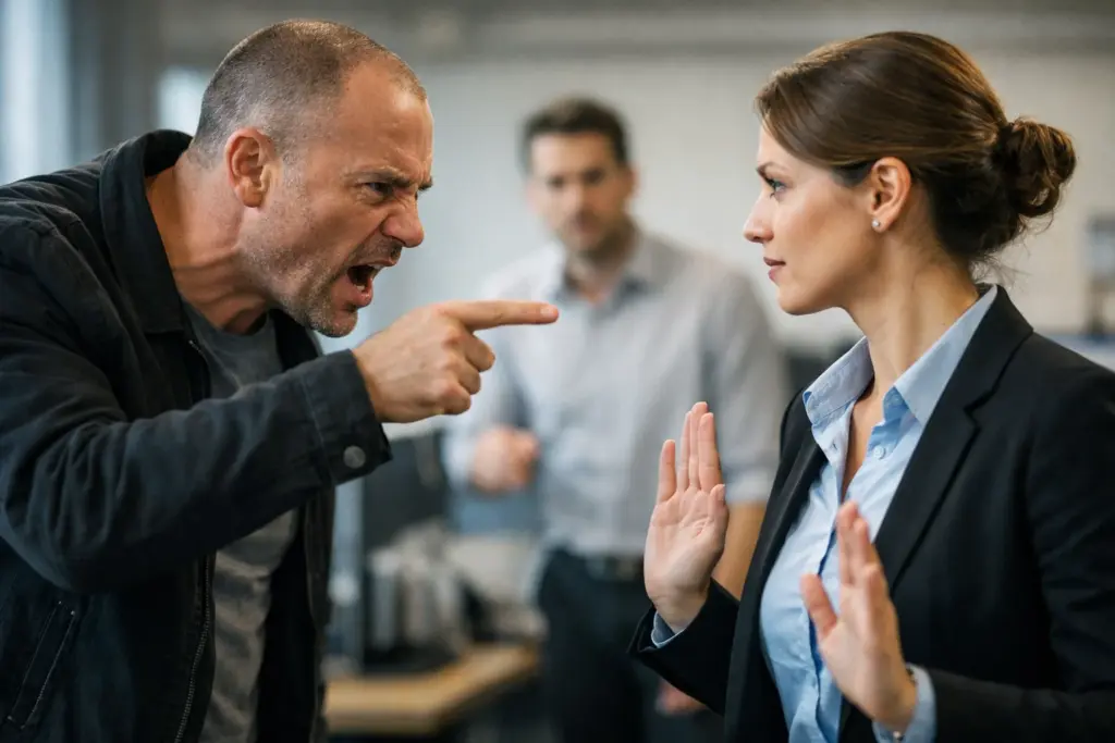 Een man schreeuwt en wijst boos naar een vrouw die rustig blijft en haar handen opsteekt om te de-escaleren op de werkvloer.