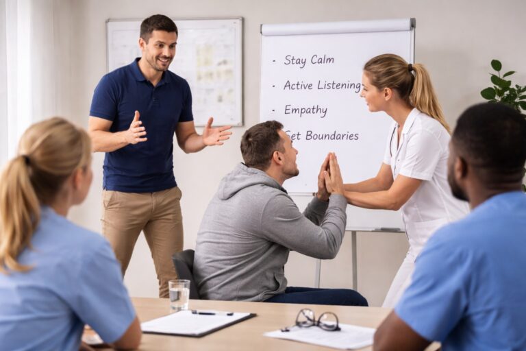 Zorgmedewerkers oefenen een agressiescenario, terwijl een trainer voor een flip-over met de woorden “Stay calm, Active listening, Empathy, Set boundaries” toelichting geeft.