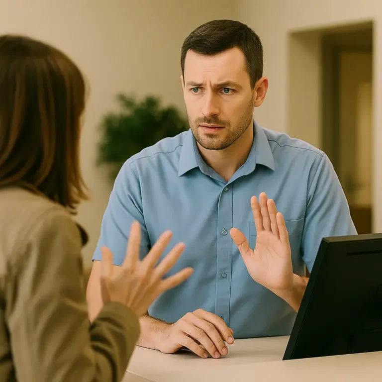 Medewerker achter een balie die kalm blijft en een hand opheft terwijl hij luistert naar een emotioneel reagerende klant.