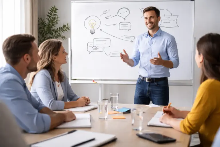Trainer geeft uitleg tijdens een communicatietraining aan een kleine groep deelnemers rond een tafel, met notities en waterglazen in een lichte vergaderruimte.