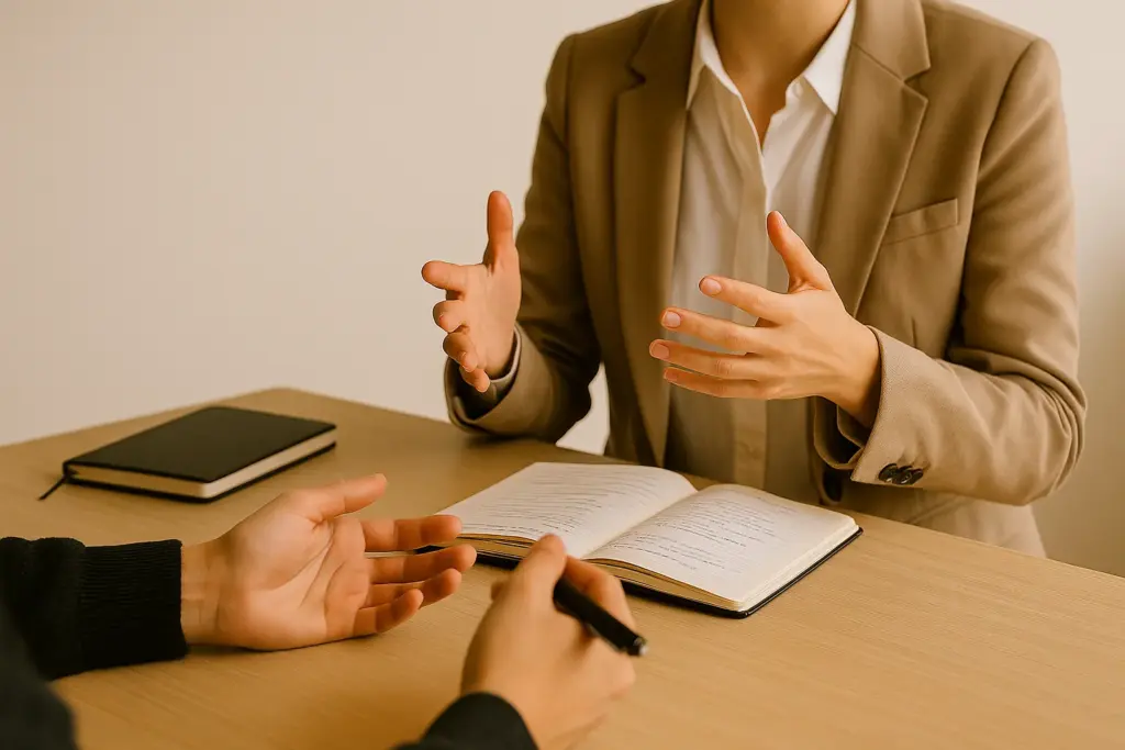 Twee personen voeren een gesprek aan een tafel met een open notitieboek terwijl zij met hun handen gebaren.