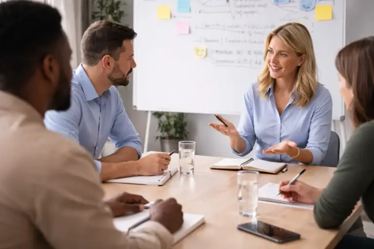 Teamoverleg aan tafel: trainer legt iets uit met open handgebaren terwijl collega’s luisteren en notities maken; op de achtergrond staat een whiteboard met post its.