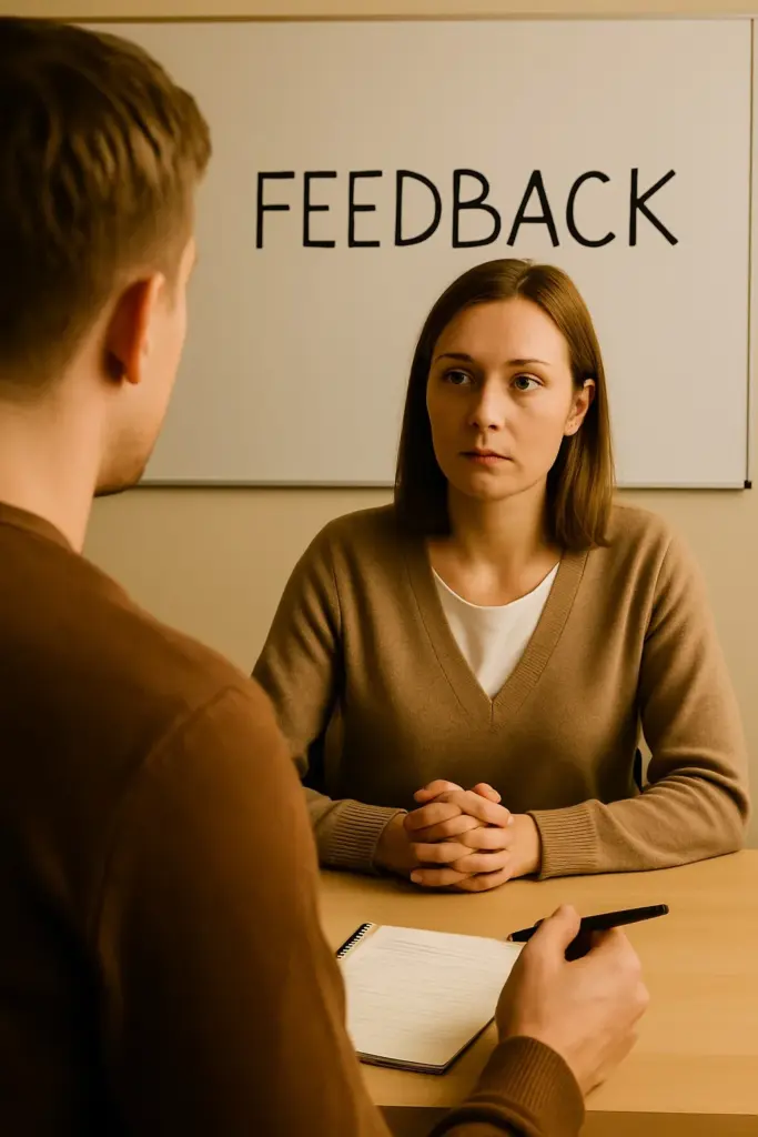 Twee personen voeren een serieus feedbackgesprek aan een tafel, met een notitieboek voor zich.