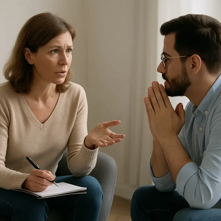 Twee collega’s in een feedbackgesprek waarbij de vrouw rustig uitlegt en de man aandachtig luistert.