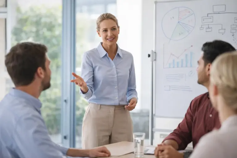 Vrouwelijke trainer in lichtblauwe blouse geeft een leiderschapssessie aan drie deelnemers, met op de achtergrond een whiteboard vol grafieken en schema’s.
