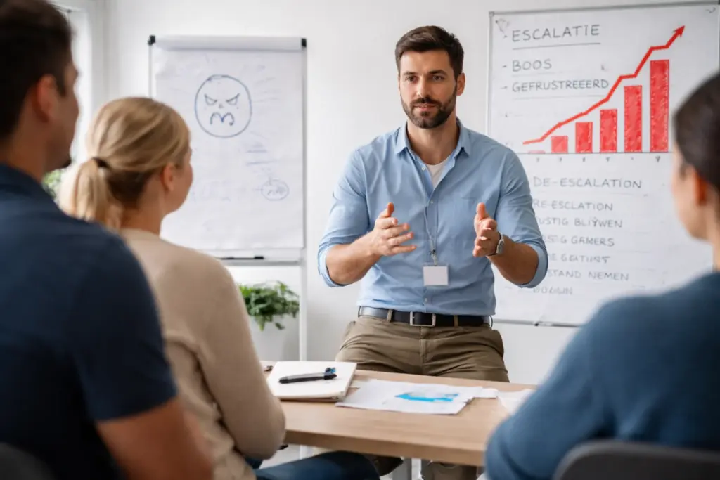 Trainer geeft uitleg tijdens agressietraining aan een kleine groep deelnemers in een klaslokaal.