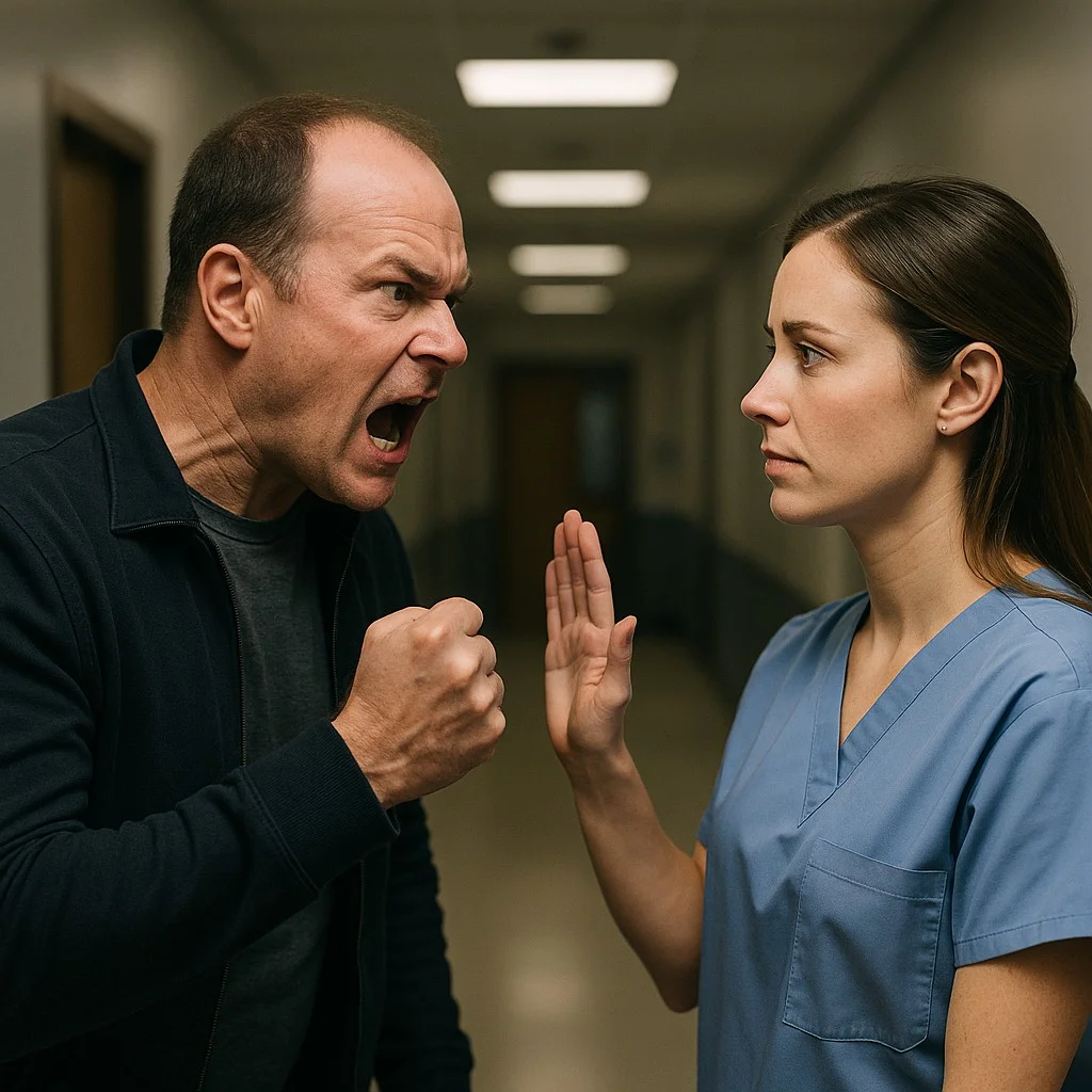 Zorgmedewerker blijft rustig terwijl een boze man tegen haar schreeuwt in een ziekenhuisgang.