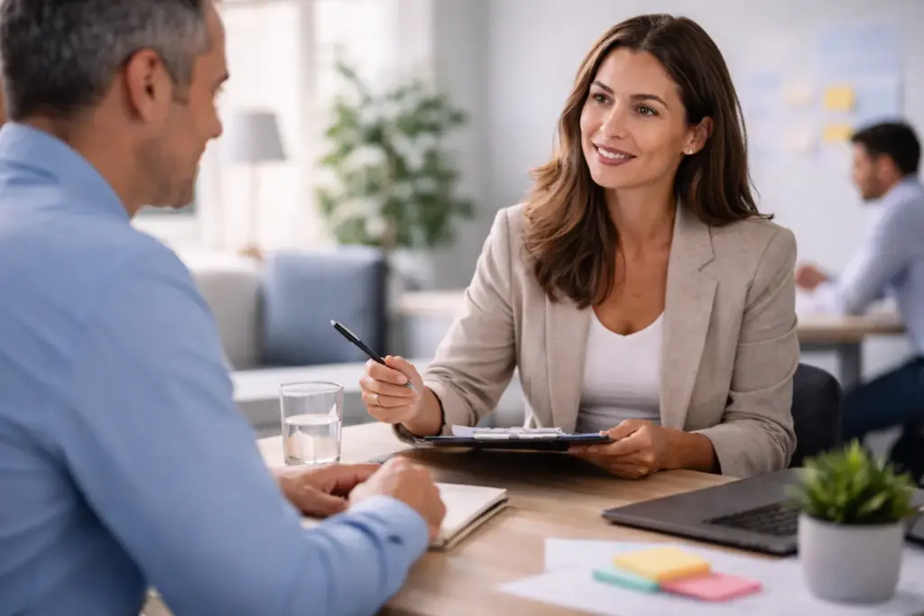 Professioneel gesprek tussen twee collega’s waarbij rustig en respectvol feedback wordt gegeven aan tafel in een kantooromgeving.