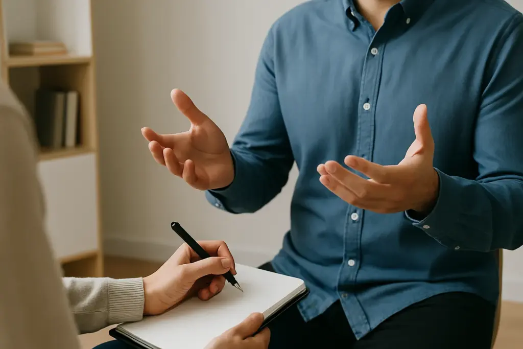 Twee personen in gesprek waarbij één persoon handgebaren maakt en de ander aantekeningen maakt in een notitieboek.