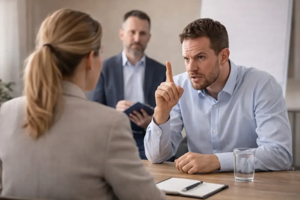 Rollenspel tijdens agressietraining: man met stevige houding spreekt vrouw aan aan tafel, terwijl een trainer op de achtergrond observeert.