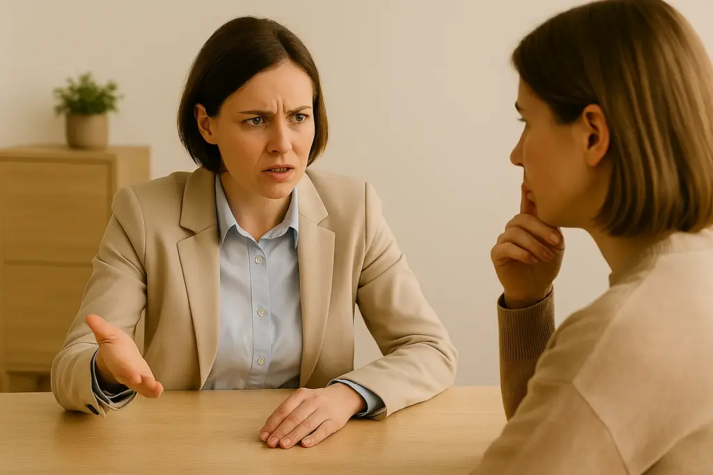 Trainingsacteur en deelnemer oefenen een intens gesprek aan een tafel tijdens een communicatietraining.