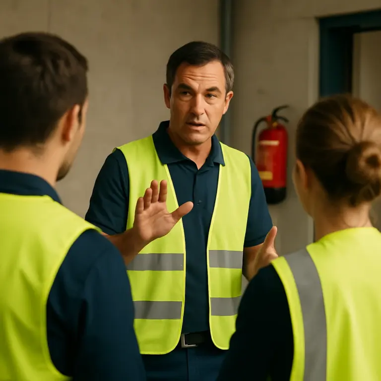 Trainer in gele veiligheidsvest legt een veiligheidsinstructie uit aan twee medewerkers in een bedrijfsomgeving.