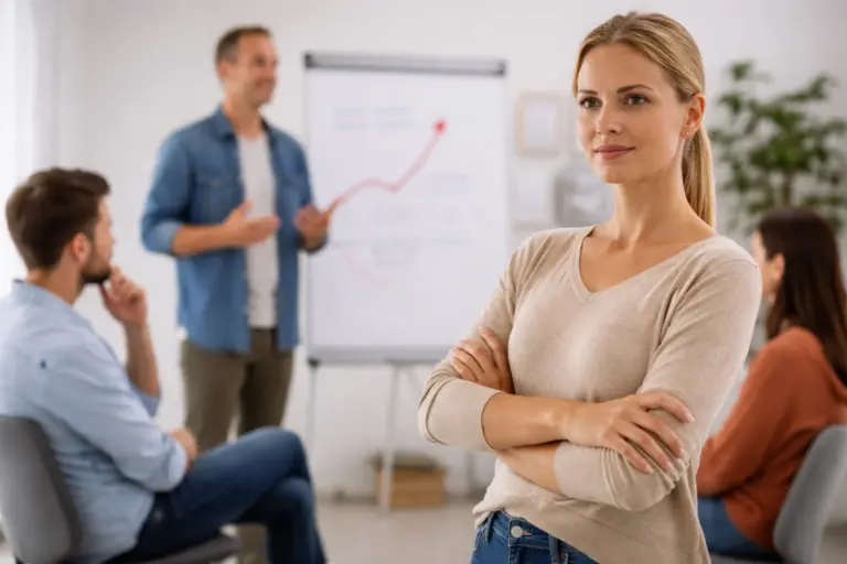 Zelfverzekerde vrouw met gekruiste armen kijkt in de camera tijdens een weerbaarheidstraining, terwijl op de achtergrond een trainer bij een flip-over en twee luisterende deelnemers te zien zijn.