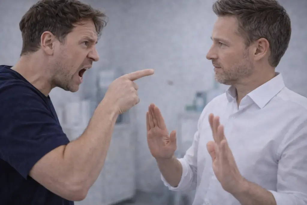 Professionele de escalatie bij agressie: boze man wijst en schreeuwt terwijl medewerker kalm grenzen aangeeft.