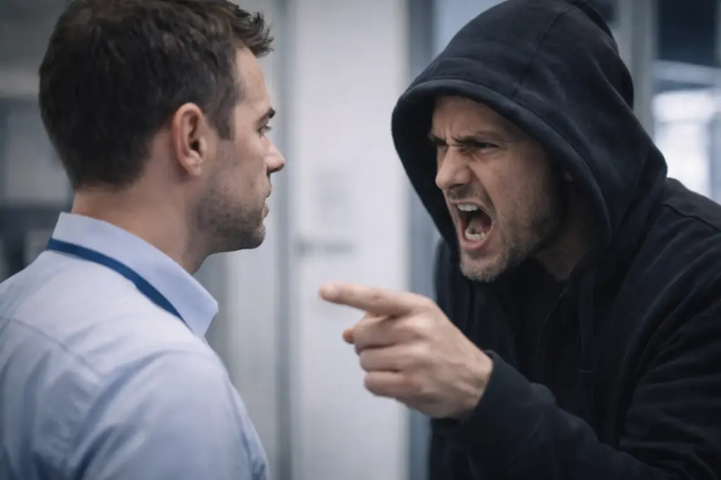 Boze man in donkere hoodie schreeuwt en wijst met vinger naar een medewerker in overhemd die rustig blijft staan in een kantooromgeving.