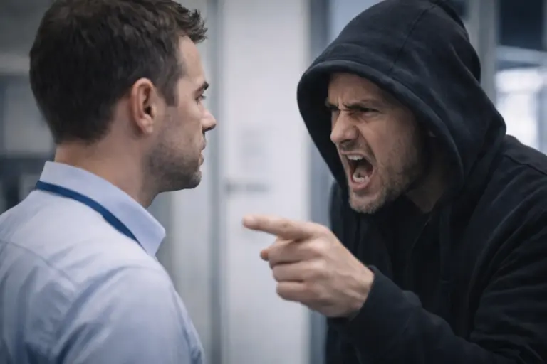 Boze man in donkere hoodie schreeuwt en wijst met vinger naar een medewerker in overhemd die rustig blijft staan in een kantooromgeving.