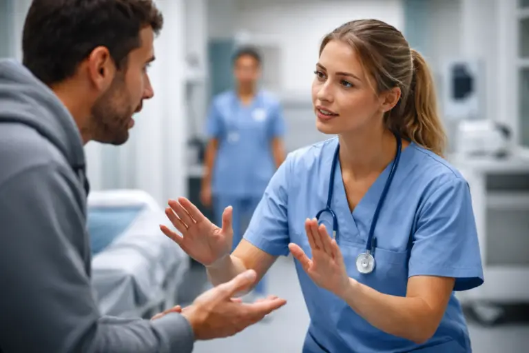 Verpleegkundige in blauwe scrubs praat rustig met een geagiteerde man in een ziekenhuisgang, met open handen om te de escaleren.