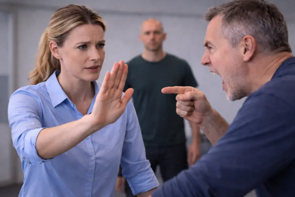 Medewerker stelt rustig een duidelijke grens met open hand terwijl een boze man wijst en schreeuwt in een gespannen situatie.