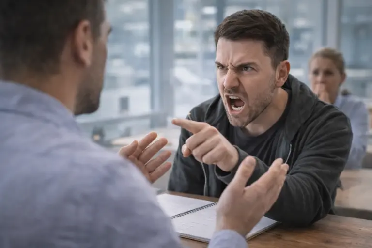Boze man wijst en schreeuwt tijdens een gesprek, terwijl de andere persoon met open handen probeert te kalmeren in een kantooromgeving.