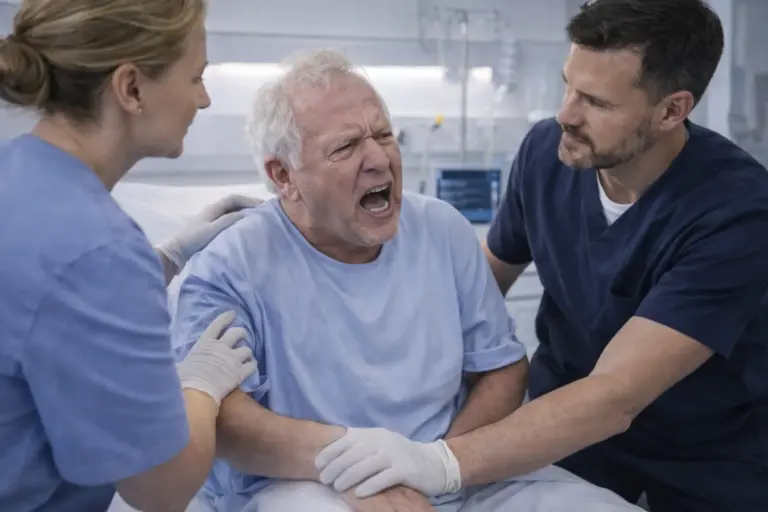 Zorgmedewerkers de escaleren een gespannen situatie met een boze patient door rustig contact en veilige ondersteuning.