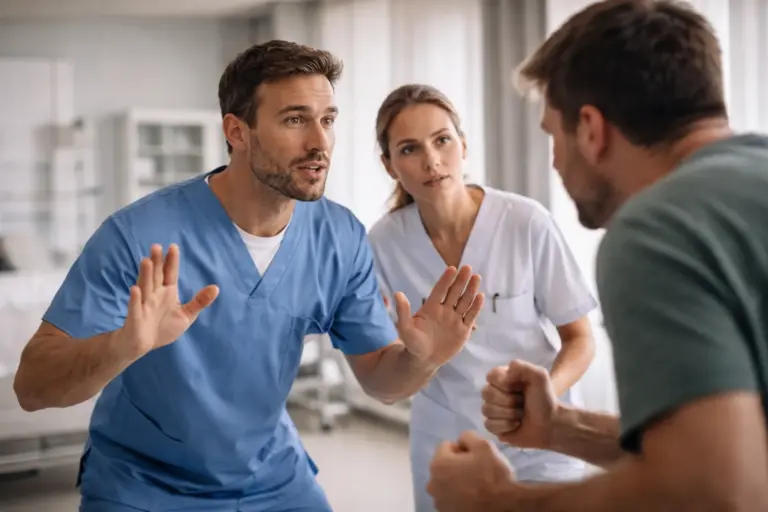 Twee zorgverleners in blauwe en witte scrubs praten rustig met een geagiteerde man in een zorgomgeving; de man heeft gebalde vuisten.