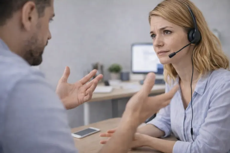 Medewerker met headset luistert rustig naar een klant tijdens een professioneel gesprek op kantoor.