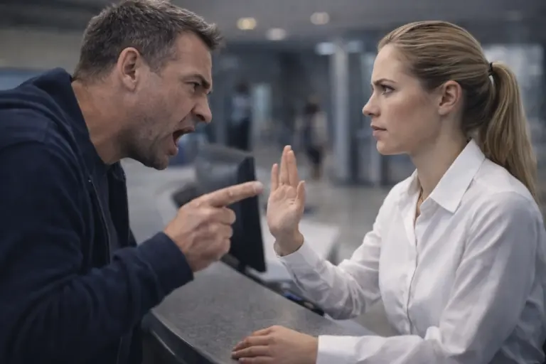 Medewerker aan balie blijft rustig en stelt een grens met open hand terwijl een boze klant naar voren leunt en wijst in een kantooromgeving.