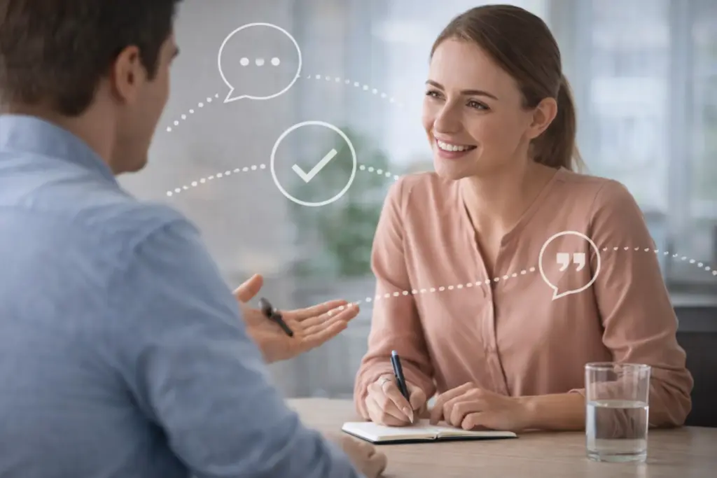 Vriendelijke vrouw luistert en maakt notities tijdens een gesprek met een man, met icoontjes die communicatie en bevestiging symboliseren op de achtergrond.