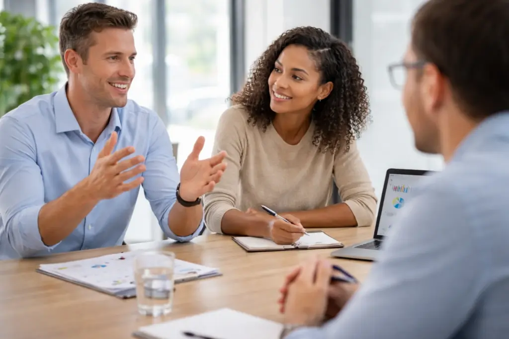Drie collega’s voeren een feedbackgesprek aan een vergadertafel, terwijl één persoon praat en een ander aantekeningen maakt; een laptop met grafieken staat open.