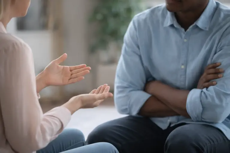 Twee collega’s in gesprek in een rustige kantooromgeving; de ene persoon maakt open handgebaren terwijl de ander aandachtig luistert met de armen gekruist.