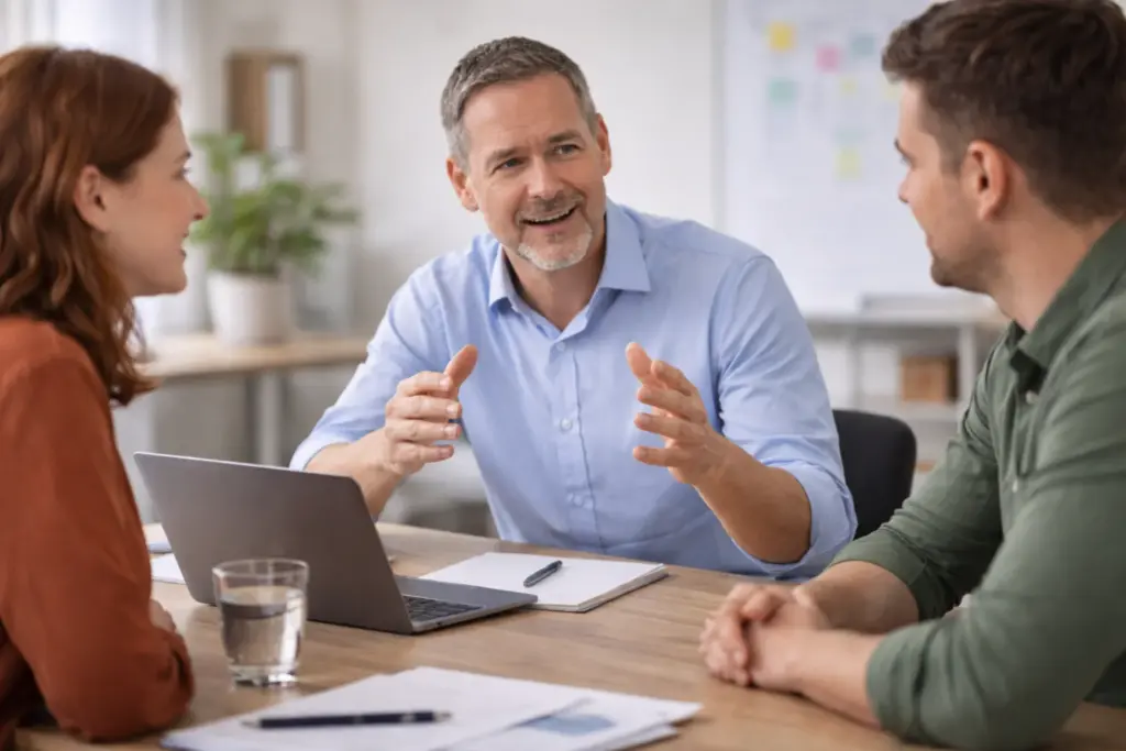 Leidinggevende bespreekt doelen met teamleden in een overleg om richting te geven en vertrouwen te bouwen.