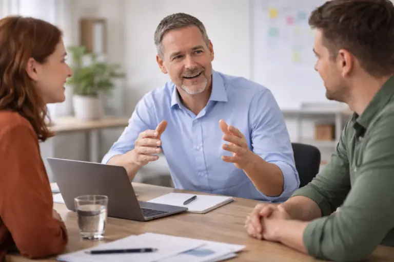 Leidinggevende bespreekt doelen met teamleden in een overleg om richting te geven en vertrouwen te bouwen.