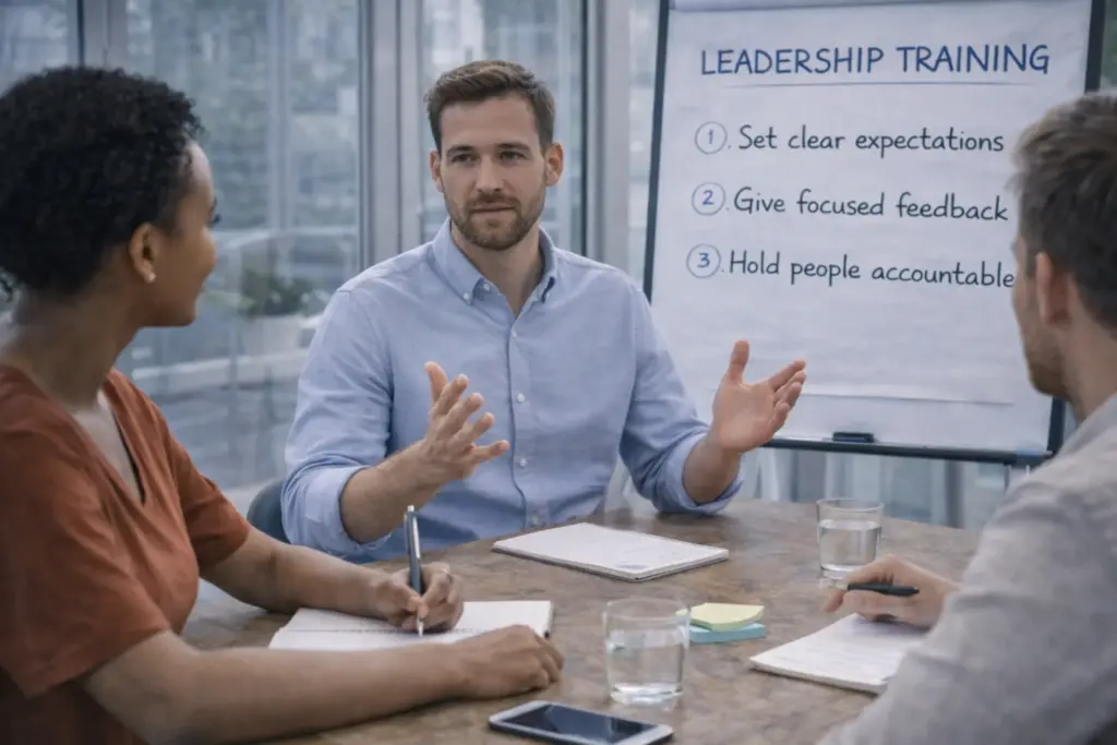 Trainer bespreekt met twee deelnemers een sessie aan tafel; op een flip-over staat een trainingsschema, terwijl deelnemers notities maken.