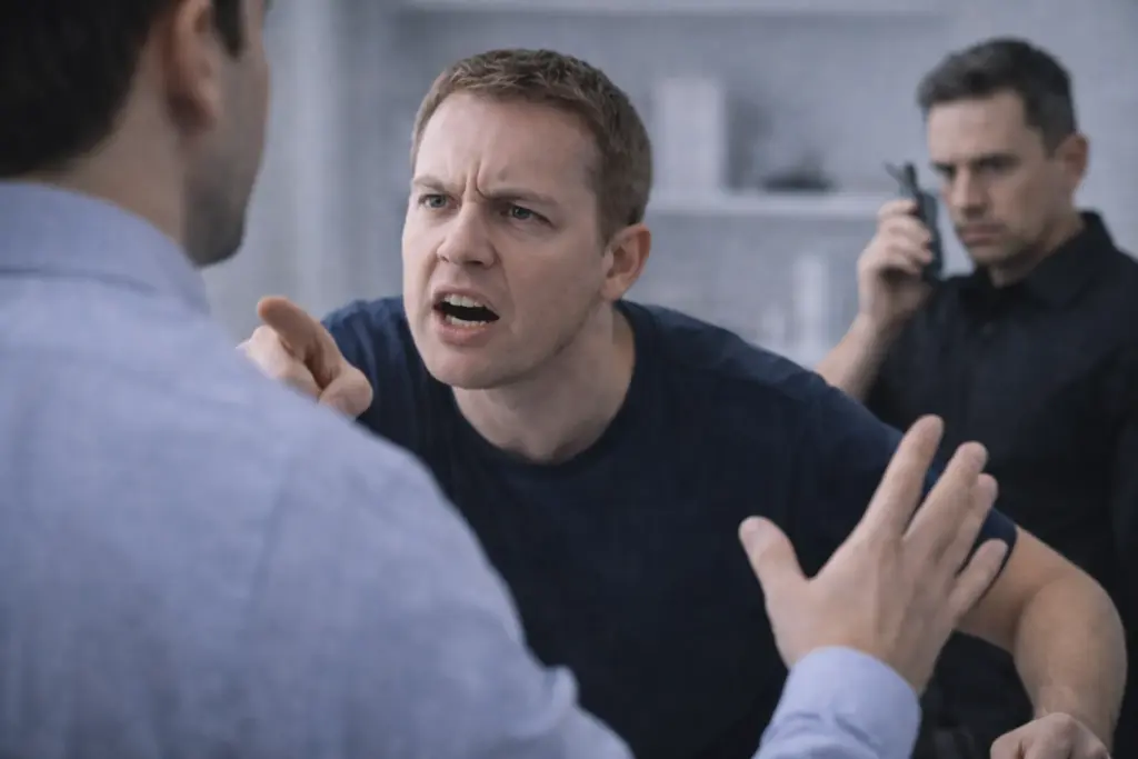 Boze man wijst en schreeuwt tijdens een conflict, terwijl een andere persoon met open handen probeert te kalmeren en iemand op de achtergrond hulp inschakelt.