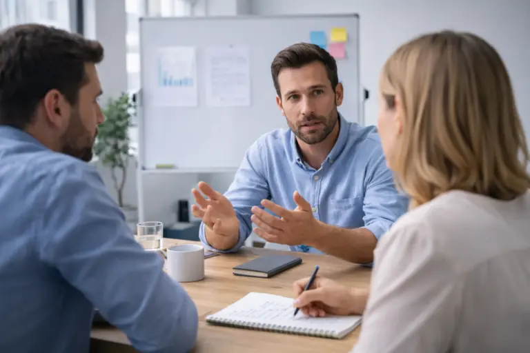 Drie collega’s voeren een rustig gesprek in een kantoor, terwijl één man uitlegt met handgebaren en een collega notities maakt aan tafel.