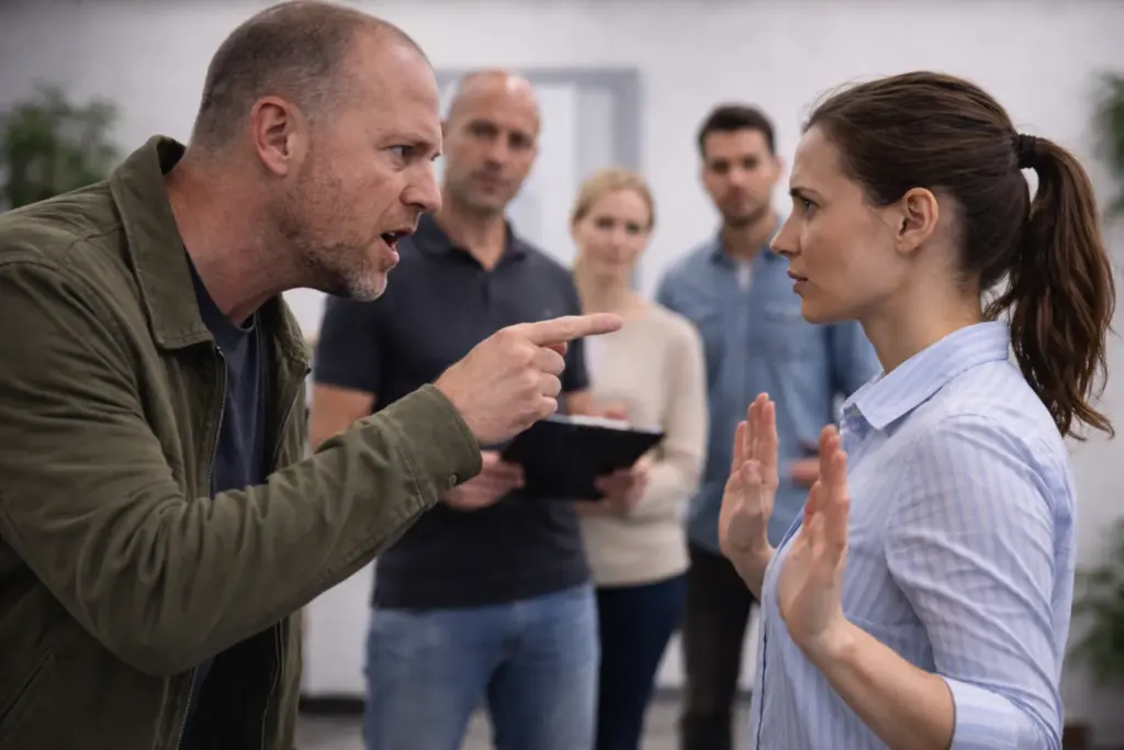 Trainingssituatie met een acteur die boos reageert en wijst, terwijl een deelnemer rustig grenzen aangeeft met open handen; een trainer en collega’s observeren op de achtergrond.